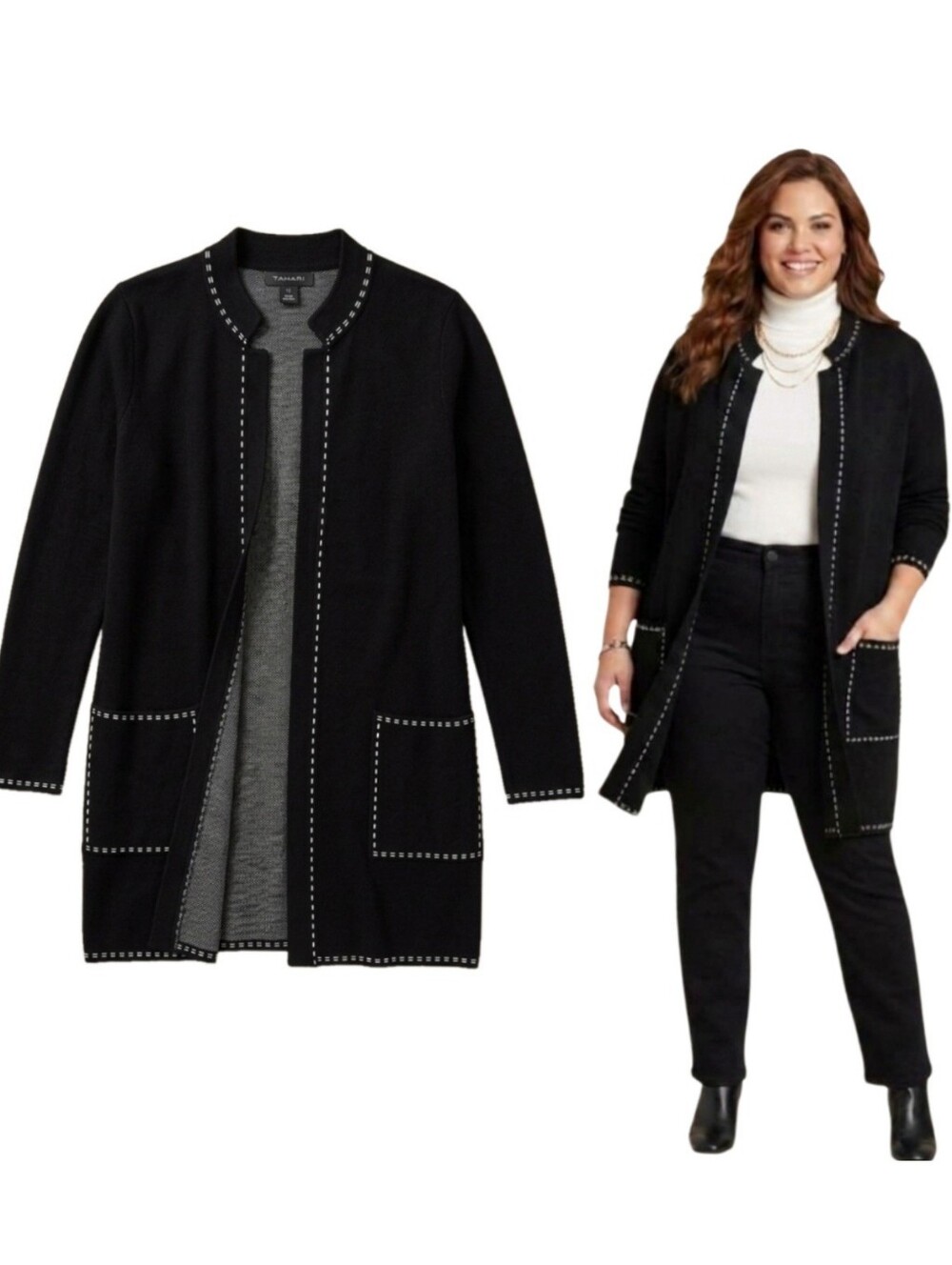 Tahari Black w/White Slip Stitch Open Rayon Blend Cardigan Womans Size 1X NWOT